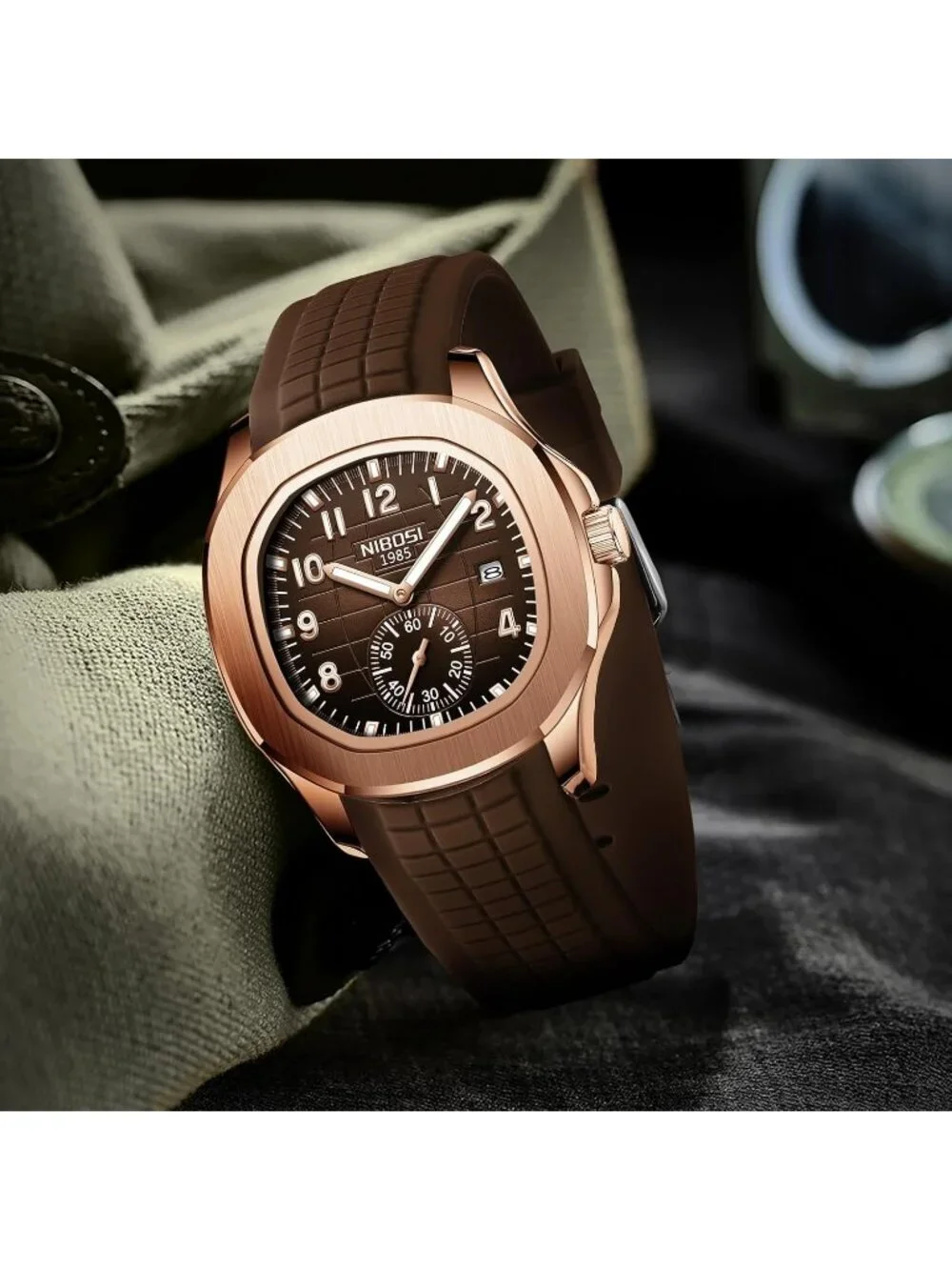 Men's Brown Silicone Strap Waterproof Fashion Casual Quartz Classic Wrist Watch